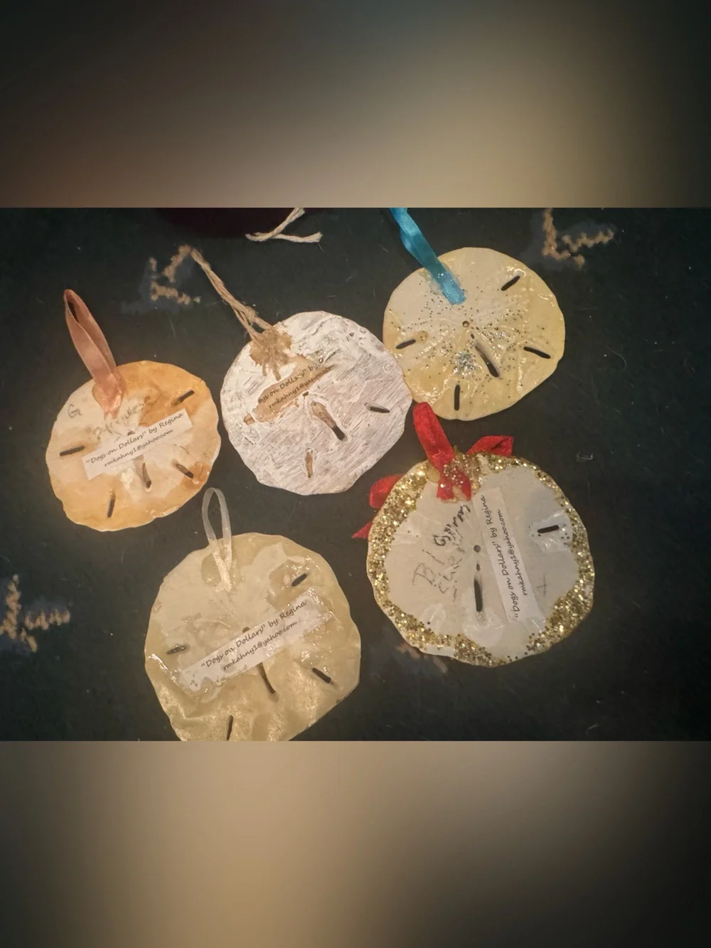 Handmade real Sand Dollar Photo Ornaments - Gold and Cream
